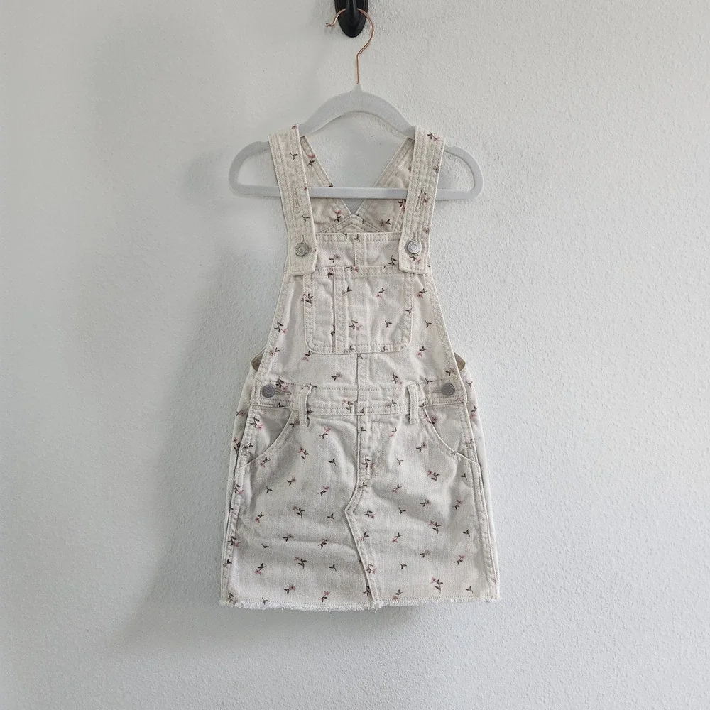 Kids Cream Floral Denim Overall Dress Pinafore Frayed Hem size 4T